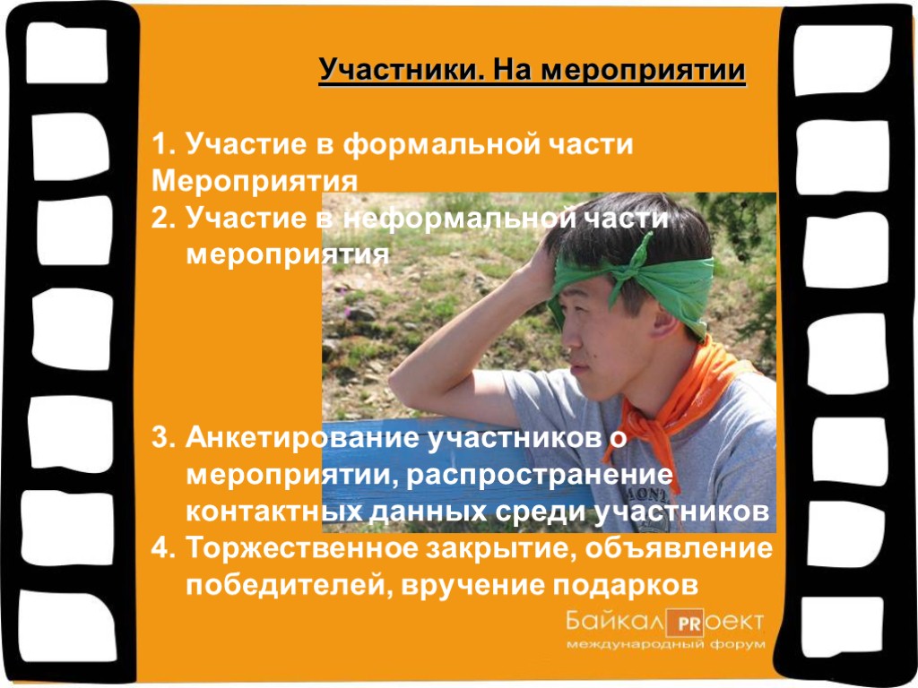 Участие в формальной части Мероприятия 2. Участие в неформальной части мероприятия 3. Анкетирование участников